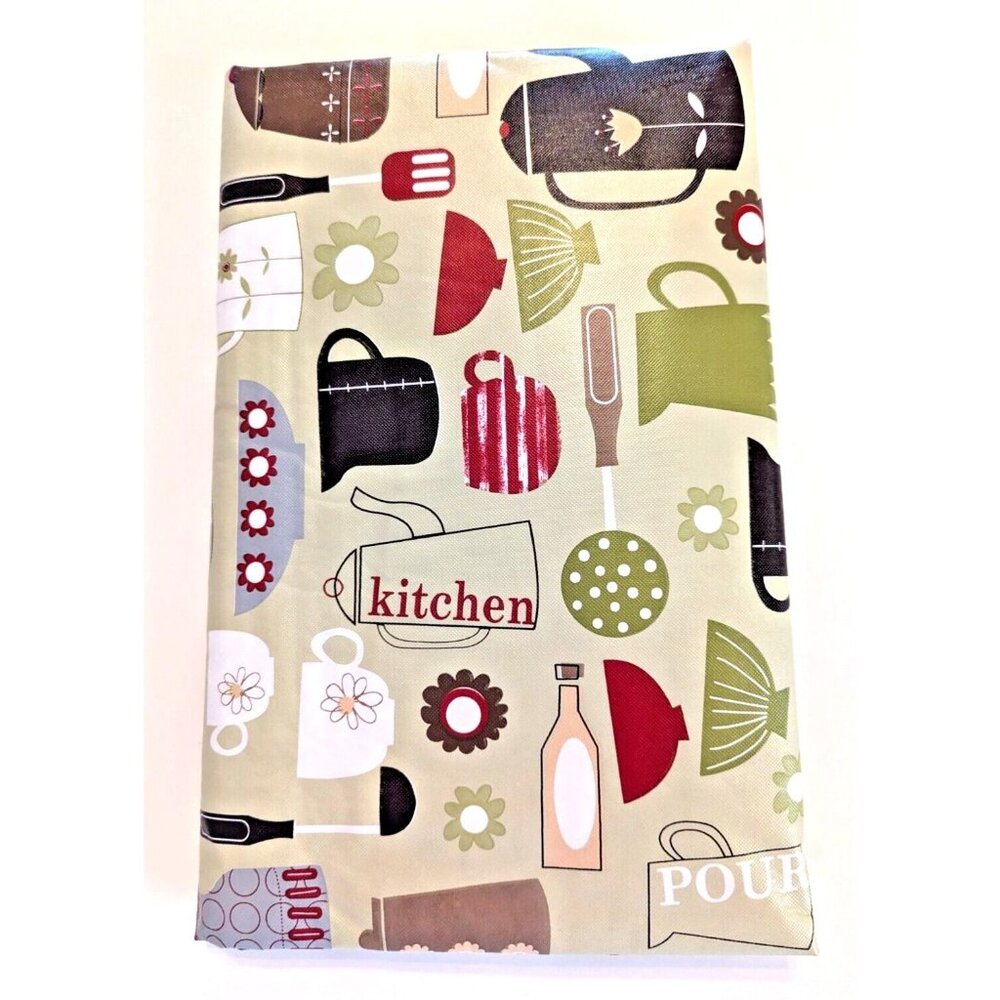 Cooking Utensils Vinyl Tablecloth Flannel Backing Retro KItchen Tools 52 X 90-in